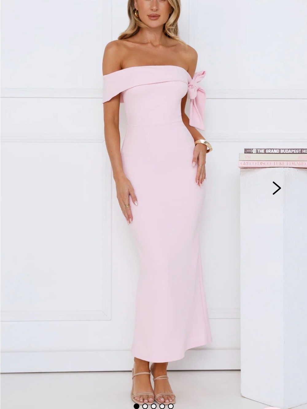 Hello Molly One-Shoulder Bow Midi Dress in Light Pink